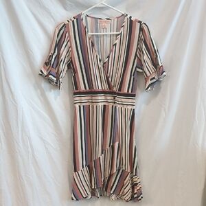 Band Of Gypsies | Stripe V-Neck Ruffle Sleeve Wrap Dress Asymmetric Hem | M